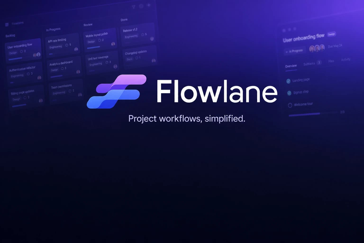 Flowlane brand banner — the Flowlane logo and the tagline "Project workflows, simplified" over a deep indigo gradient with a faint project board