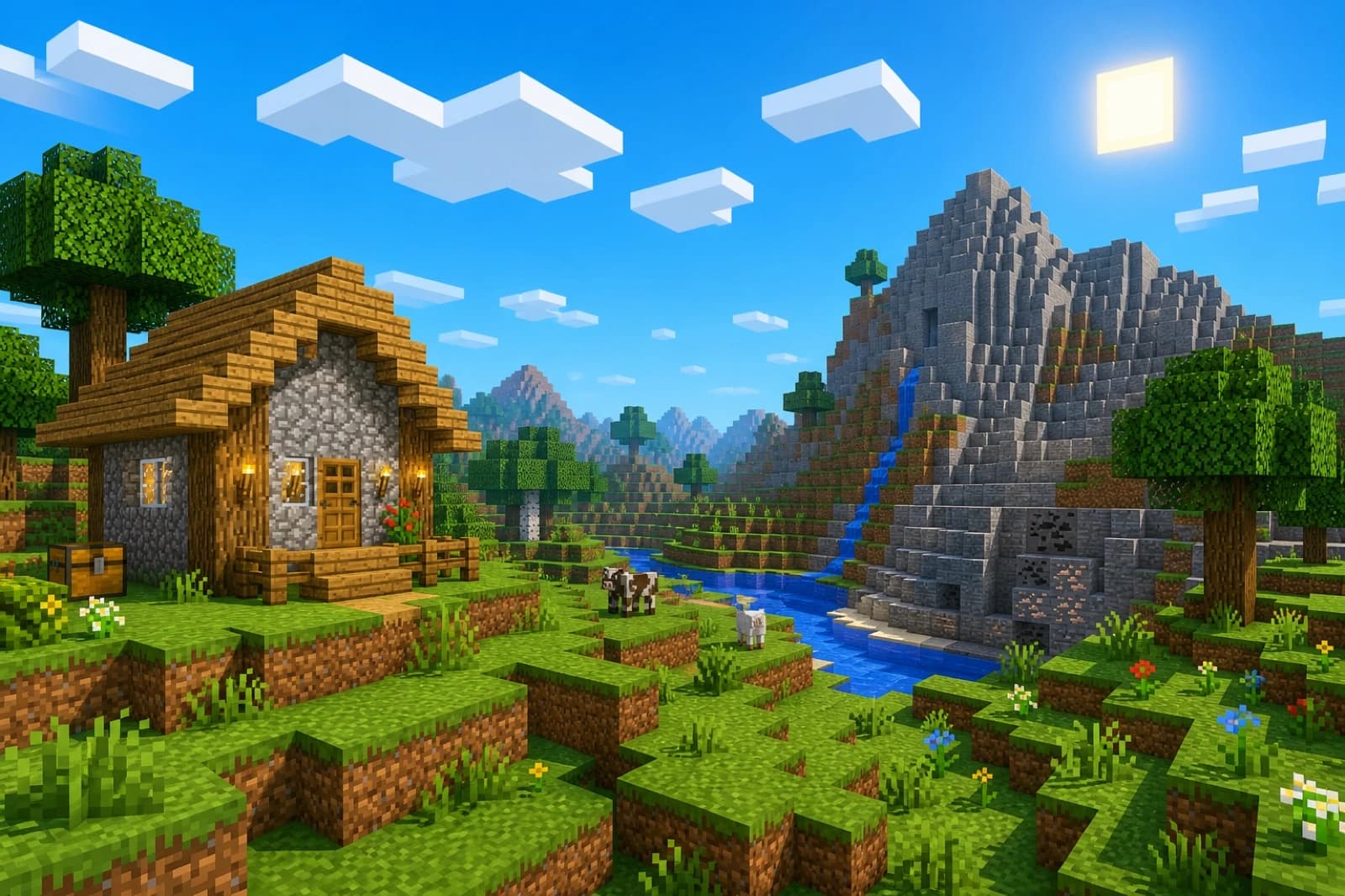 Minecraft-style blocky landscape with a wooden cabin, pixelated mountain, and grass biome